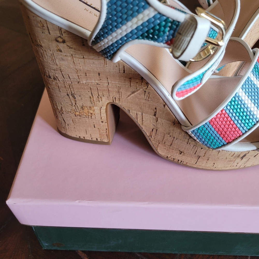 Kate Spade New York Grace Striped Raffia Platform Cork Heels Sandals size 10B - Picture 5 of 5